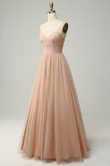 Champagne A Line Spaghetti Straps Long Ball Dress